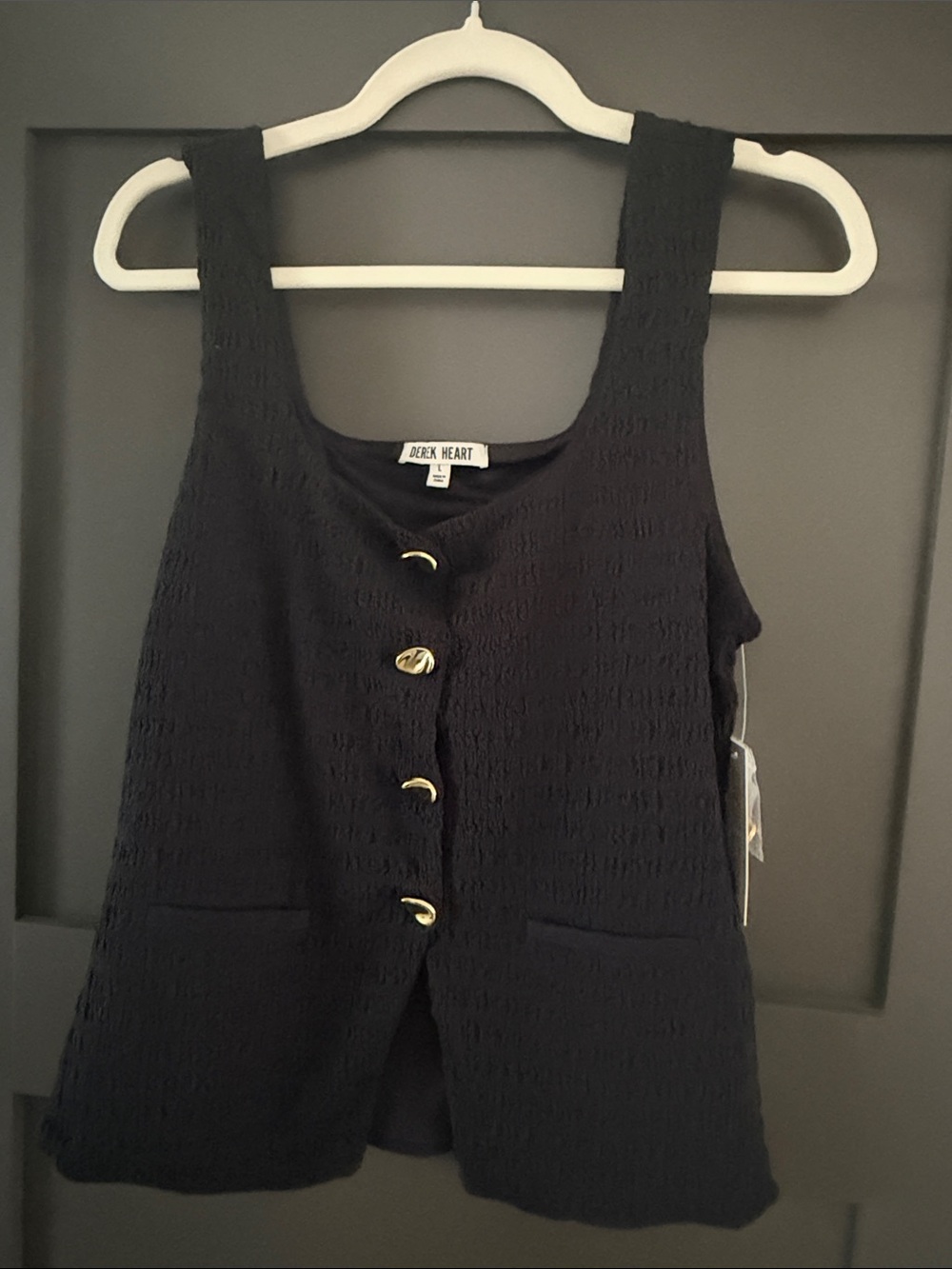 Derek Heart Black Textured Gold Button Tank